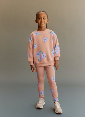 Girls' Cotton Salmon Flower Print Sweatshirt and Leggings Set