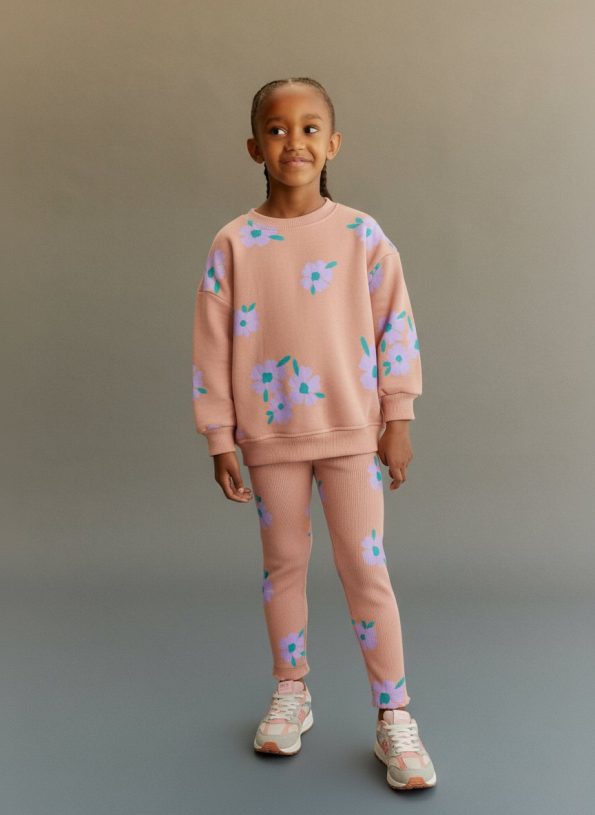 Girls' Cotton Salmon Flower Print Sweatshirt and Leggings Set
