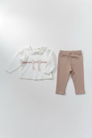 Girls' Cotton Pink Bow Long Sleeve T-Shirt and Leggings Set - Lace Collar Detail