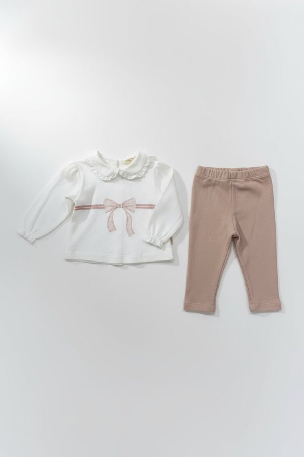 Girls' Cotton Pink Bow Long Sleeve T-Shirt and Leggings Set - Lace Collar Detail