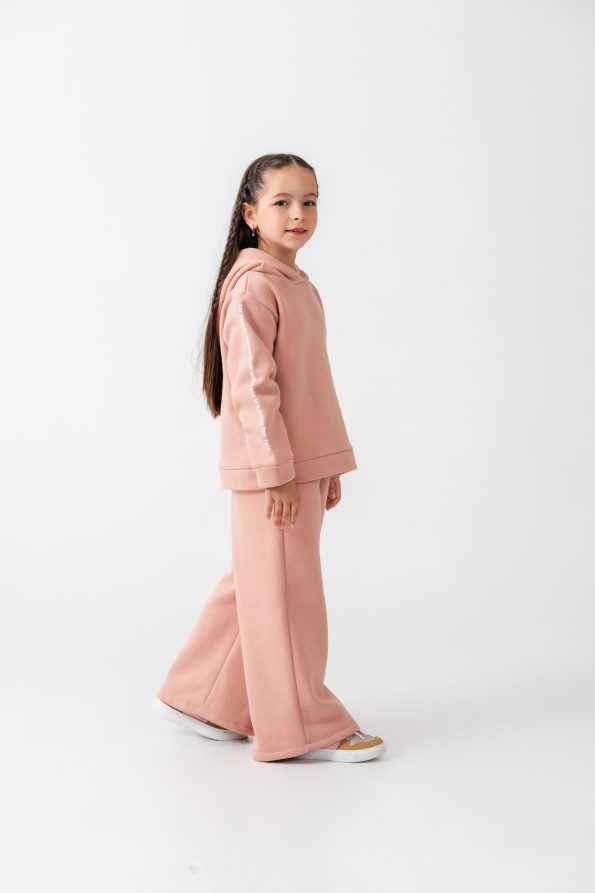 Girls' Cotton Powder Pink Hooded Sweatshirt and Wide Leg Tracksuit Set