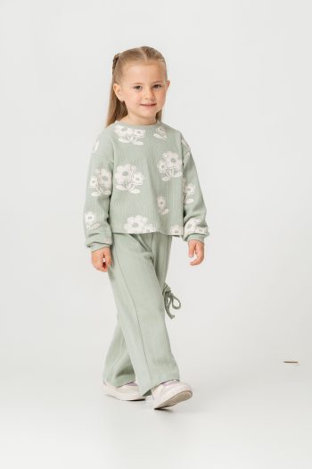Girls' Cotton Green Floral Set – Drawstring Pants