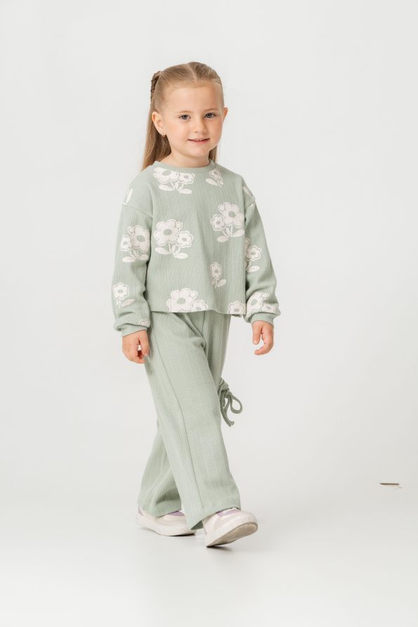 Girls' Cotton Green Floral Set – Drawstring Pants
