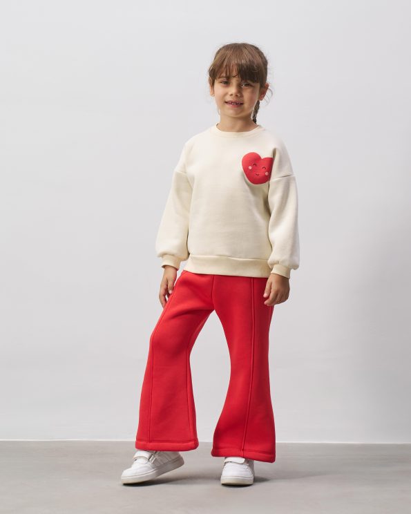 Girls' Cotton Cream Heart Sweatshirt and Red Flared Pants Set