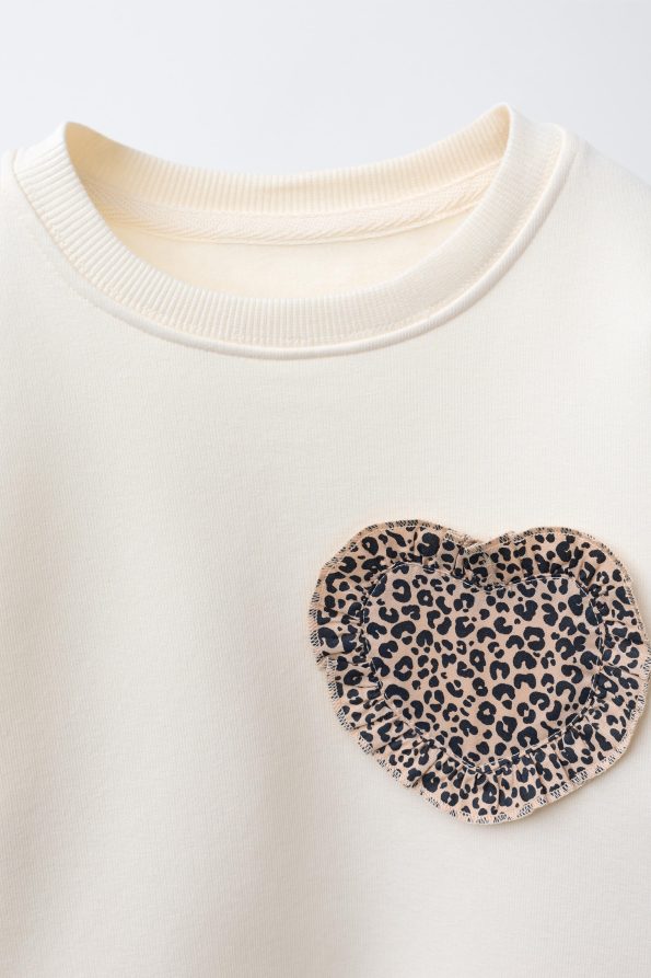 Girls' Cotton Ecru Heart Appliqué Sweatshirt and Leopard Print Flare Leggings Set