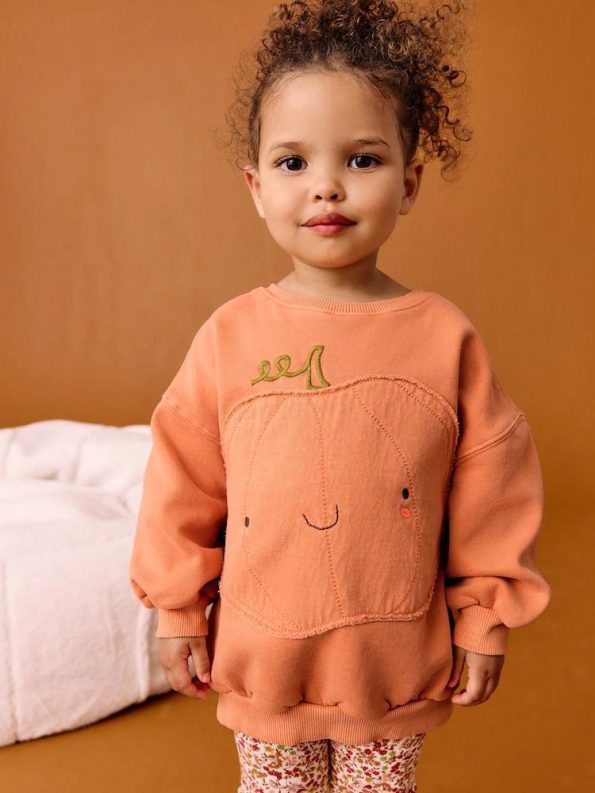 Girls' Cotton Orange Fruit Print Sweatshirt and Floral Leggings Set