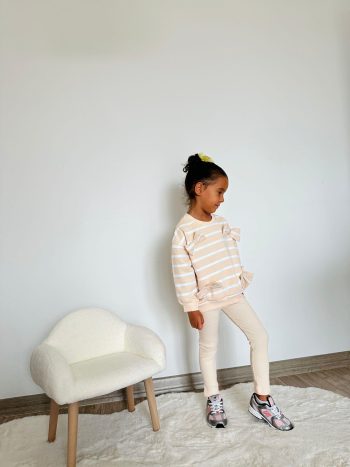 Girls' Cotton Yellow Striped Bow Detail Sweatshirt and Ribbed Leggings Set