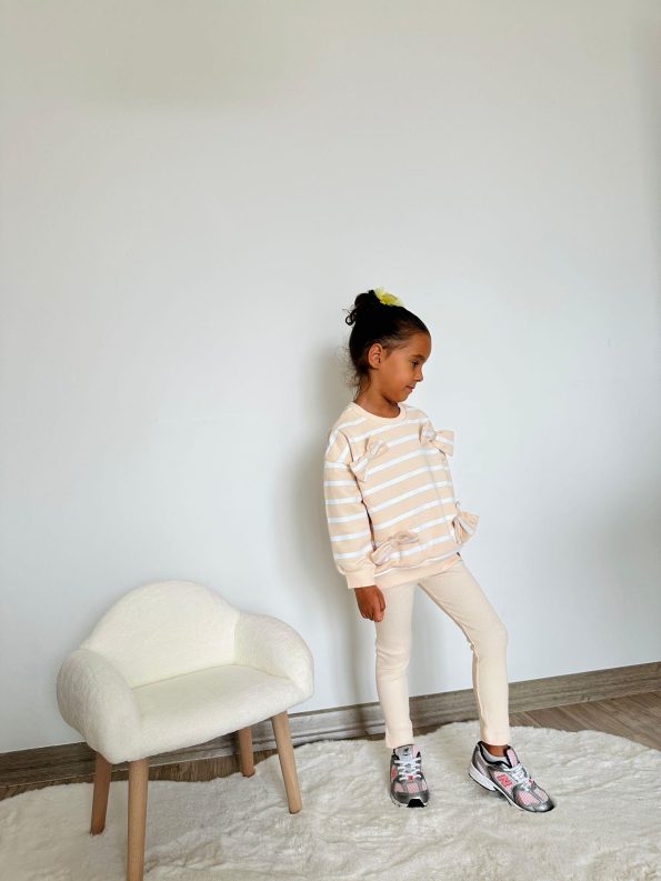 Girls' Cotton Yellow Striped Bow Detail Sweatshirt and Ribbed Leggings Set