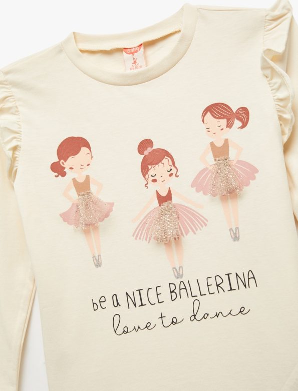 Girls' Long Sleeve Ballerina Print Cotton T-Shirt