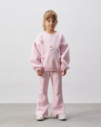Girls' Cotton Pink Flower Embroidered Sweatshirt and Flared Pants Set