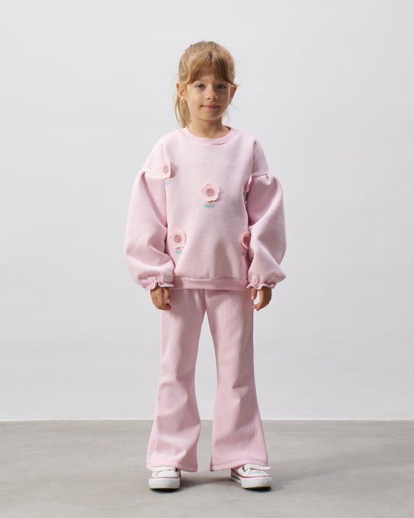 Girls' Cotton Pink Flower Embroidered Sweatshirt and Flared Pants Set