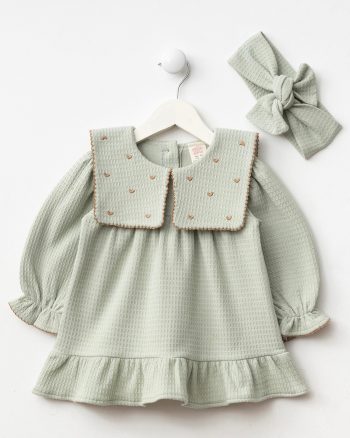 Girls' Cotton Mint Heart Embroidered Dress and Headband Set