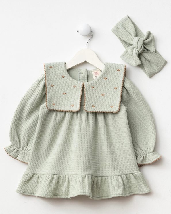 Girls' Cotton Mint Heart Embroidered Dress and Headband Set