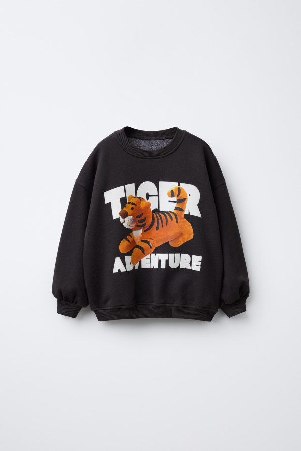Boys' Black Cotton Tiger Print Sweatshirt and Jogger Set