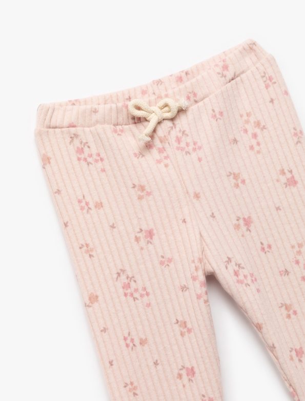 Girls' Floral Drawstring Waist Ribbed Leggings