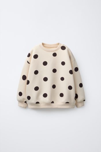 Girls' Cotton Beige Polka Dot Sweatshirt and Leggings Set
