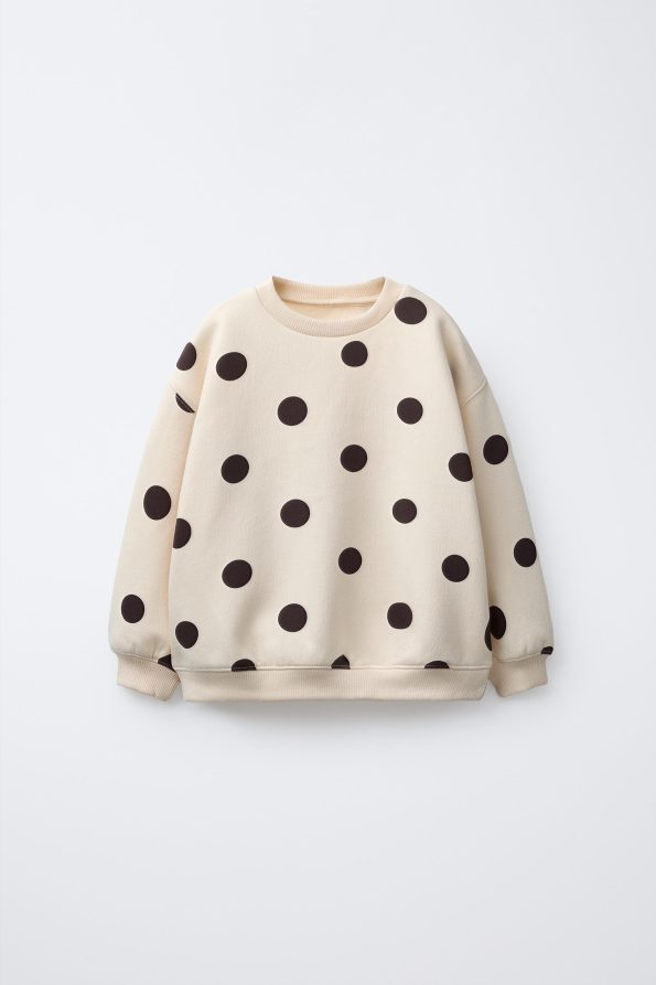 Girls' Cotton Beige Polka Dot Sweatshirt and Leggings Set