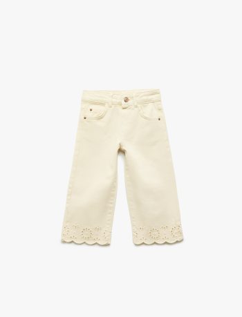 Girls' Floral-Printed Embroidered Cotton Denim Pants