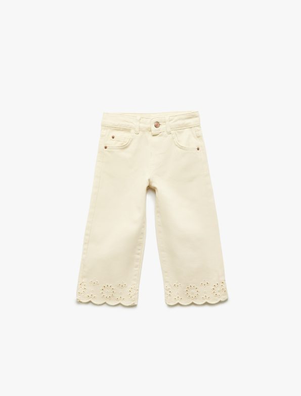 Girls' Floral-Printed Embroidered Cotton Denim Pants