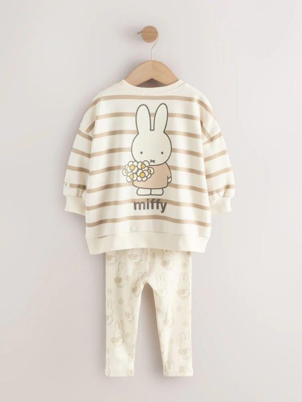 Girls' Cotton Beige Striped Rabbit Print Sweatshirt and Leggings Set