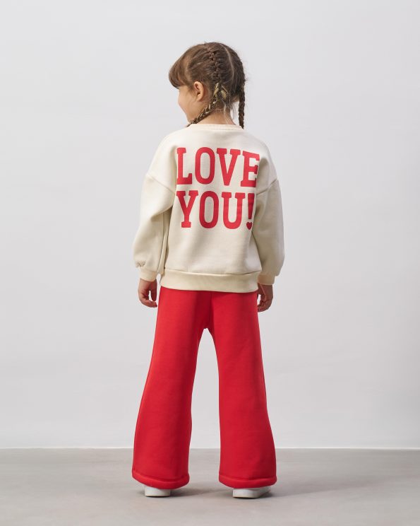 Girls' Cotton Cream Heart Sweatshirt and Red Flared Pants Set