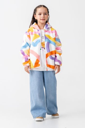 Girls' Colorful Patterned Cotton Hooded Fleece Jacket