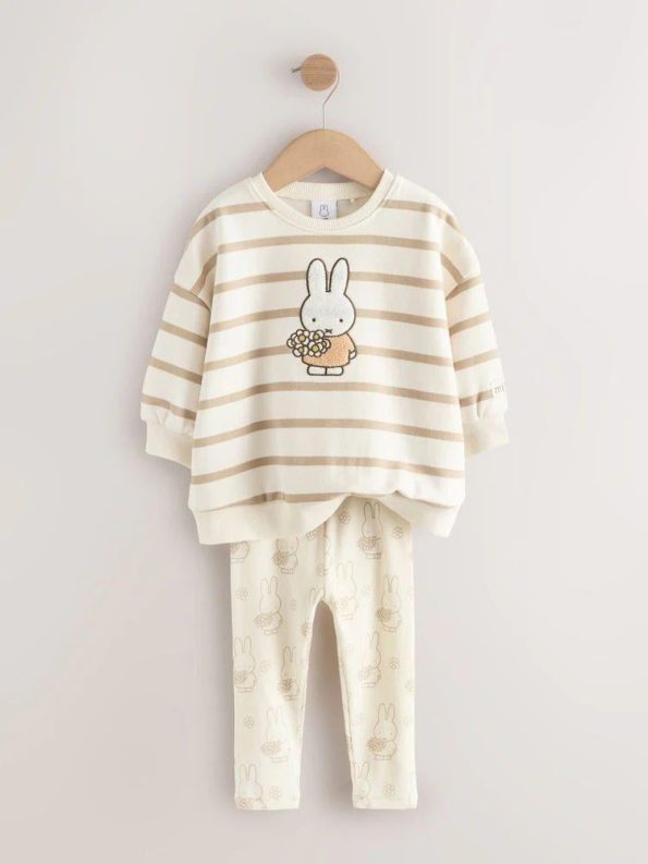 Girls' Cotton Beige Striped Rabbit Print Sweatshirt and Leggings Set
