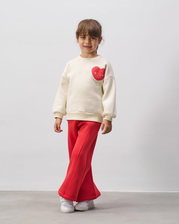 Girls' Cotton Cream Heart Sweatshirt and Red Flared Pants Set