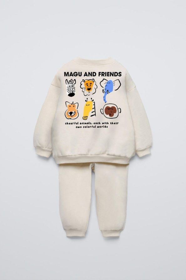 Unisex Kids Cotton Ecru Magu and Friends Printed Sweatshirt and Jogger Set