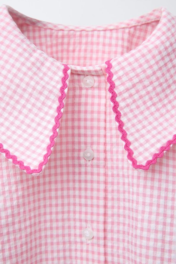 Girls' Cotton Pink Checkered Blouse and Bow Pants Set