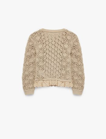 Girls' Long Sleeve Textured Ruffled Buttoned Crew Neck Cardigan