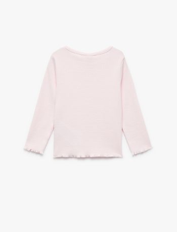 Girls' Cotton Ribbed Long Sleeve T-Shirt with Bow Embroidery