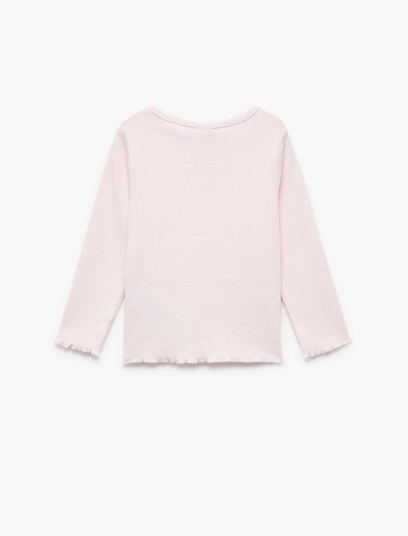 Girls' Cotton Ribbed Long Sleeve T-Shirt with Bow Embroidery