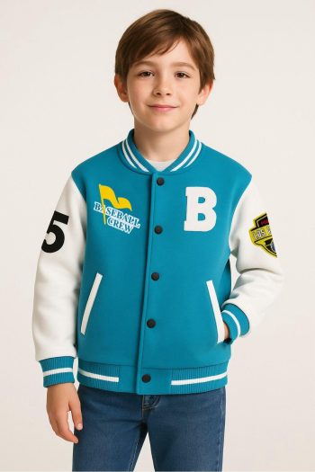 Unisex Kids Cotton Turquoise White College Jacket - Letter and Print Detail Bomber Coat