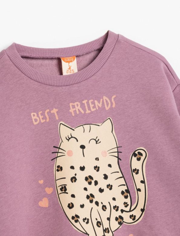 Girls' Long Sleeve Cat Print Crew Neck Sweatshirt
