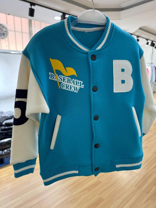 Unisex Kids Cotton Turquoise White College Jacket - Letter and Print Detail Bomber Coat