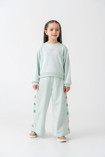 Girls' Cotton Mint Green Floral Embroidered Sweatshirt and Jogger Set