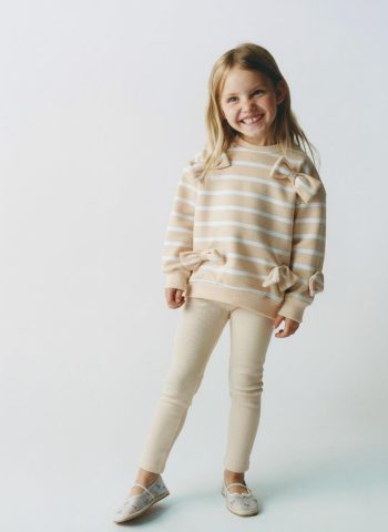 Girls' Cotton Yellow Striped Bow Detail Sweatshirt and Ribbed Leggings Set