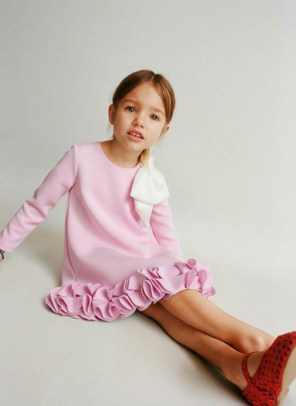 Girls' Cotton Pink Bow Long Sleeve Ruffled Dress - Elegant Design