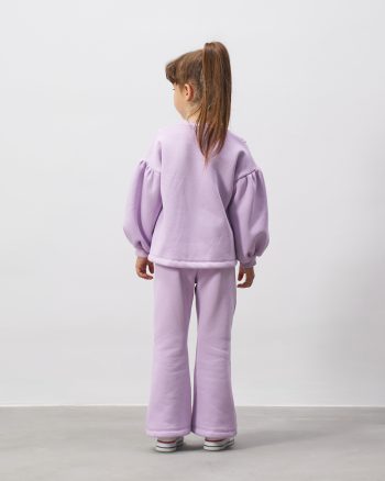 Girls' Cotton Lilac Sweatshirt and Pants Set with Pearl Details - Balloon Sleeves