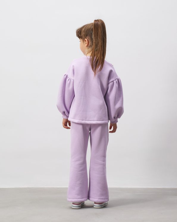 Girls' Cotton Lilac Sweatshirt and Pants Set with Pearl Details - Balloon Sleeves