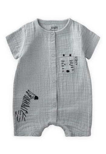 Zebra Embroidered Muslin Short Jumpsuit 0-3 Years Aqua Green