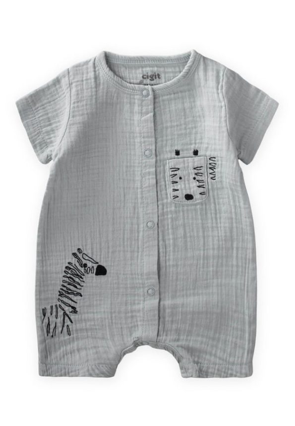 Zebra Embroidered Muslin Short Jumpsuit 0-3 Years Aqua Green