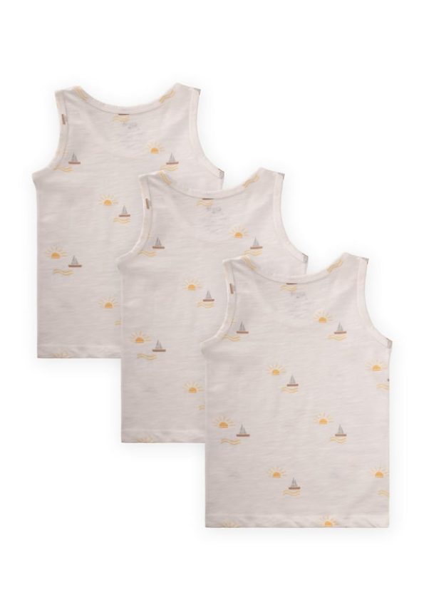 Set of Three Wide-Strap Tank Tops for Ages 2-9 - Sailboat Print in Ecru