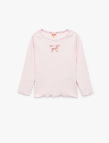 Girls' Cotton Ribbed Long Sleeve T-Shirt with Bow Embroidery