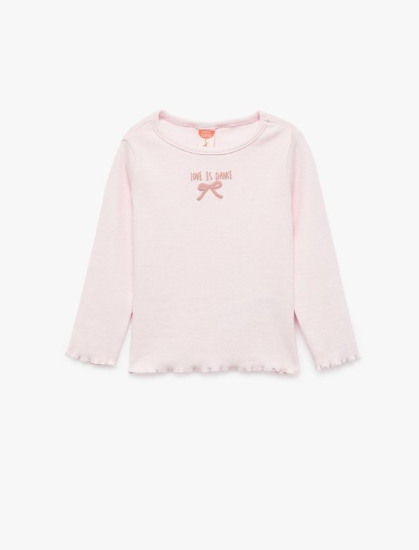 Girls' Cotton Ribbed Long Sleeve T-Shirt with Bow Embroidery