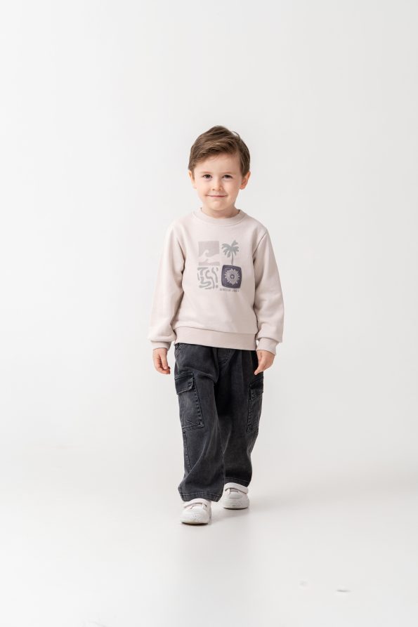 Boys' Cotton Beige Printed Sweatshirt and Black Cargo Pants Set - Casual Everyday Outfit