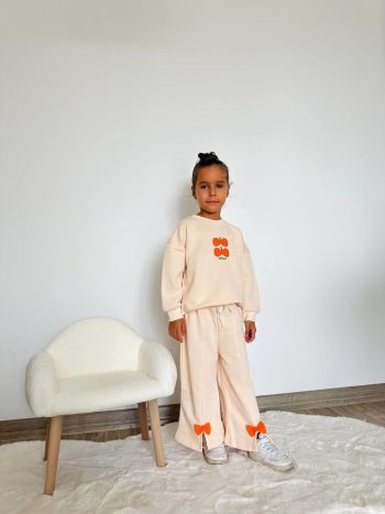 Girls' Cotton Beige and Orange Bow Detail Tracksuit