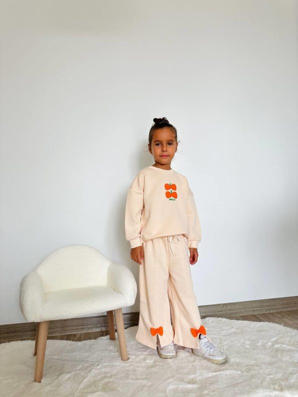 Girls' Cotton Beige and Orange Bow Detail Tracksuit