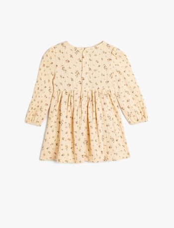 Girls' Cotton Muslin Dress with Bow Detail and Long Sleeves